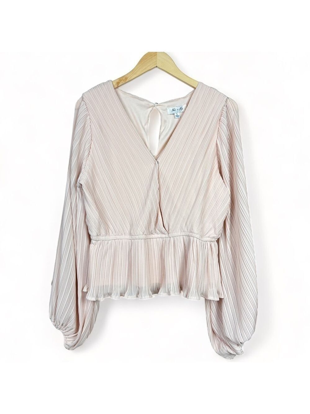 She + Sky Peach Pleated Blouse Balloon Sleeves A-line Women Large